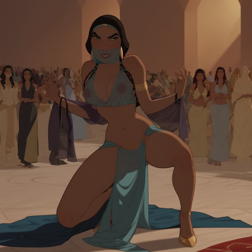 ai_generated arms belly_dancer belly_dancer_outfit big_breasts black_hair breasts dreamworks female female_only grusius hands legs lips lipstick long_hair looking_at_viewer nipples see-through see-through_clothing see-through_dress smile smiling teeth the_prince_of_egypt tzipporah