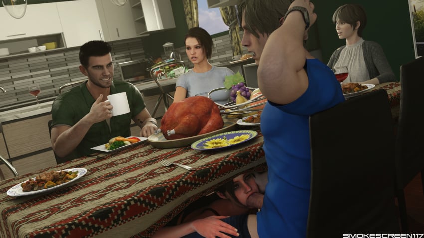 2boys 3d 3girls auburn_hair biohazard blender blowjob blue_eyes chris_redfield chrisposting claire_redfield claire_redfield_(jordan_mcewen) dinner fellatio food giving_head jill_valentine jill_valentine_(sasha_zotova) leon_scott_kennedy male/female mouth_full_of_cock multiple_girls oral oral_sex rebecca_chambers resident_evil resident_evil_0 resident_evil_2 resident_evil_2_remake resident_evil_3_remake resident_evil_4_remake resident_evil_remake smokescreen117 stealth_fellatio stealth_oral straight thanksgiving thick_penis under_the_table