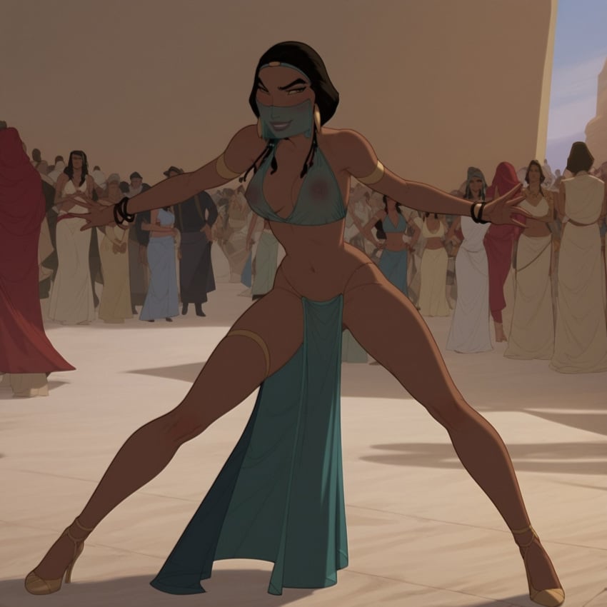 ai_generated arms belly_dancer belly_dancer_outfit big_breasts black_hair breasts dreamworks female female_only grusius hands legs lips lipstick long_hair looking_at_viewer nipples see-through see-through_clothing see-through_dress sheer_clothing smile smiling tan_body tan_skin tanned tanned_skin teeth the_prince_of_egypt tzipporah