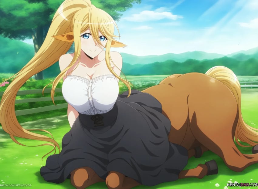 ai_generated centaur centauress centorea_shianus fully_clothed huge_breasts monster_musume_no_iru_nichijou skirt_lift tagme