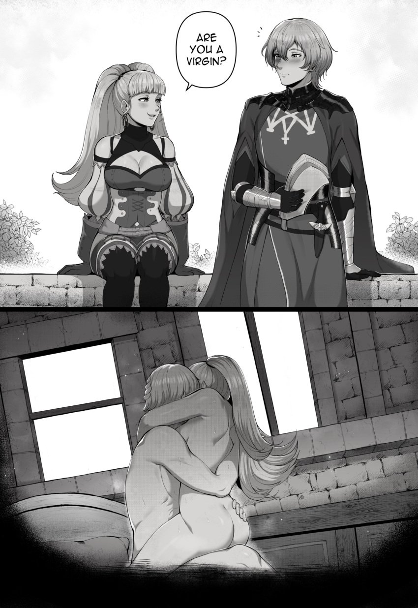 1boy 1girls 2koma ass black_gloves breasts byleth_(fire_emblem) byleth_(fire_emblem)_(male) cleavage coat comic completely_nude earrings english_text evomanaphy fire_emblem fire_emblem:_three_houses gloves highres hilda_valentine_goneril holding holding_paper hug implied_sex instant_loss jewelry large_breasts long_hair meme monochrome nude paper surprised tokyo_ghoul twintails