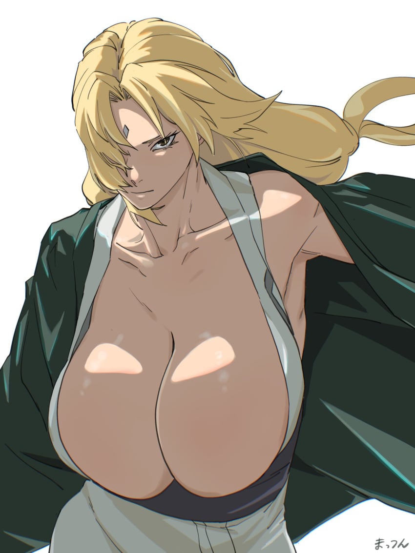 blonde_hair breasts cleavage commentary_request facial_mark female forehead_mark green_jacket grey_kimono highres huge_breasts jacket japanese_clothes kimono konohagakure_symbol looking_at_viewer mattsun_(lyohei) mature_female naruto naruto_(series) naruto_shippuden naruto_shippuuden serious short_eyebrows simple_background solo standing tsunade white_background