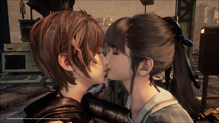 2girls alternate_costume android asian asian_female black_hair brown_hair closed_eyes eve_(stellar_blade) kissing lily_artemis_ii multiple_girls outdoors photo_manipulation ponytail pose screen_capture screencap screenshot short_hair standing stellar_blade tongue tongue_out video_game video_game_character yuri