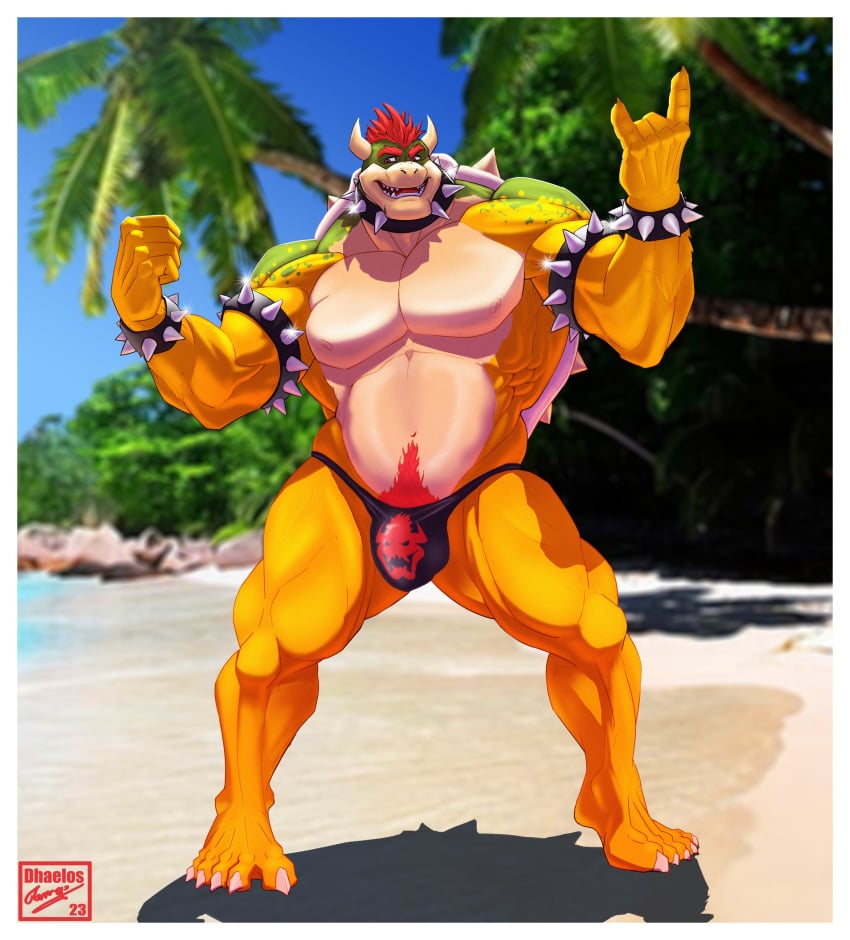 1boy 2023 absurd_res anthro armband beach black_clothing black_thong black_underwear blue_sky bowser bracelet bulge claws clothed clothing collar day dhaelos finger_claws flexing flexing_bicep forearm_muscles furry furry_only gesture green_body green_scales hair hand_gesture hi_res jewelry koopa male male_only mario_(series) multicolored_body multicolored_scales musclegut muscular nintendo palm_tree pecs plant pubes red_eyes red_hair rock sand scales scalie sea shadow shell sky solo solo_male spiked_armband spiked_bracelet spiked_collar spiked_shell spikes spikes_(anatomy) standing tan_body tan_scales thong thong_only toe_claws topless tree underwear underwear_only water wave yellow_body yellow_scales