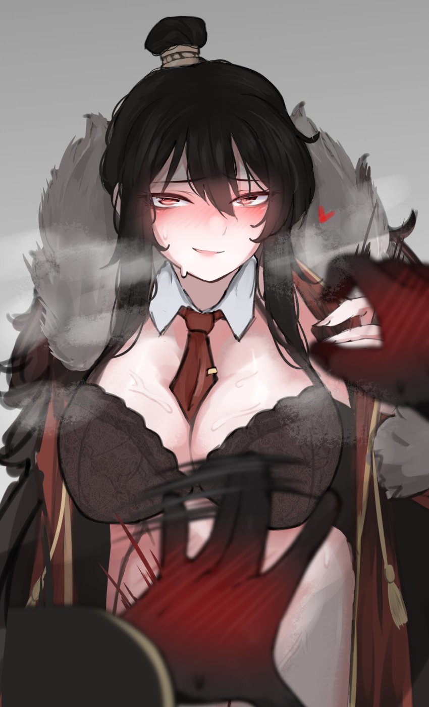 0ha 1girls big_breasts black_hair blush bottomless bra cape embarrassed heart library_of_ruina long_hair looking_at_partner looking_at_viewer open_clothes partially_clothed pov presenting project_moon red_eyes smile standing sweat thick_thighs tie xiao_(library_of_ruina)