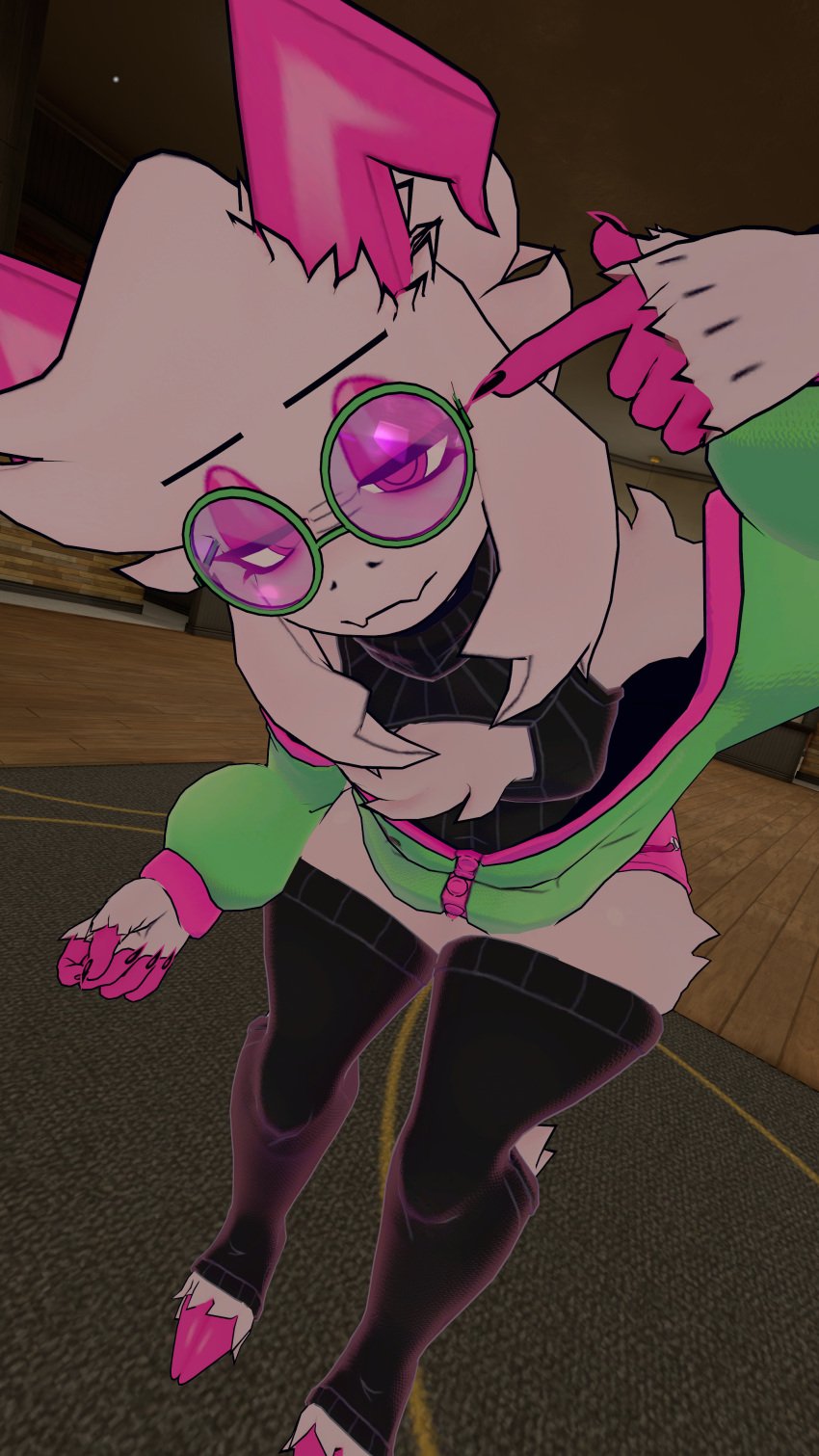 anthro deltarune femboy furry green_glasses green_jacket hi_res itzxenoshi not_porn pink_eyes ralsei ralsei_(cryptiacurves) ralsei_with_white_fur undertale_(series) vrchat