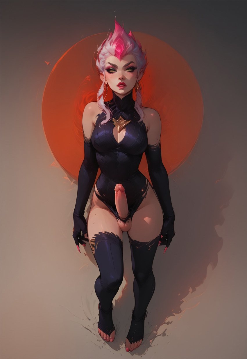 ai_generated blindparty boob_window civitai cleavage evelynn futanari gray_background league_of_legends mostly_clothed_futa nudity penis solo white_hair yellow_eyes