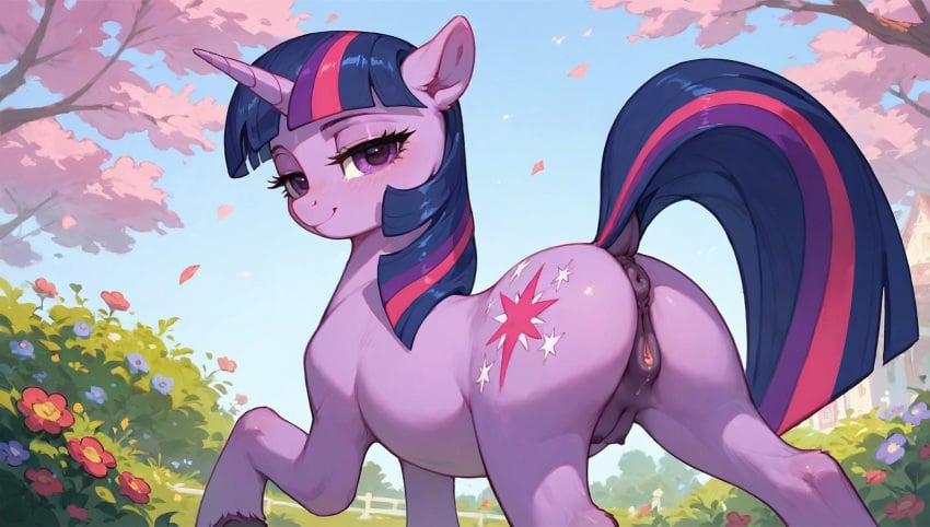 ai_generated animal_genitalia animal_pussy anthro anus ass crotchboobs crotchboobs_visible_through_thighs cutie_mark equine_genitalia equine_pussy female feral feral_only friendship_is_magic furry hasbro mammal my_little_pony nipples non-human_areolae pussy quadruped tail twilight_sparkle_(mlp) unicorn