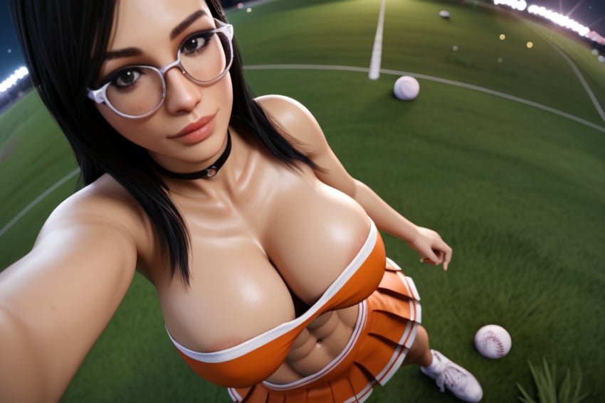 1girls 3d 3d_(artwork) ai_generated big_breasts black_hair cheerleader cheerleader_uniform choker cleavage crop_top glasses large_breasts lauren(oc) pleated_skirt radnsad short_skirt solo solo_female solo_focus thick_thighs tubetop