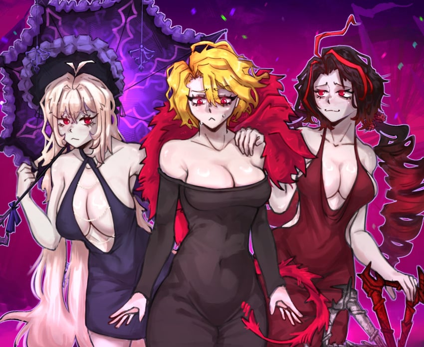 3girls :3 ahoge bangs bare_shoulders black_hair blonde_hair blush boyarishnick breasts center_opening cleavage collarbone don_quixote_(limbus_company) dress drill_hair dulcinea_(limbus_company) embarrassed female female_only hair_between_eyes hand_on_shoulder large_breasts limbus_company long_hair multicolored_hair navel off_shoulder parasol project_moon red_eyes red_hair sancho_(limbus_company) scissors shiny_skin short_hair sideboob skindentation smile streaked_hair sweat sweatdrop the_barber_(limbus_company) twin_drills twintails umbrella wide_hips