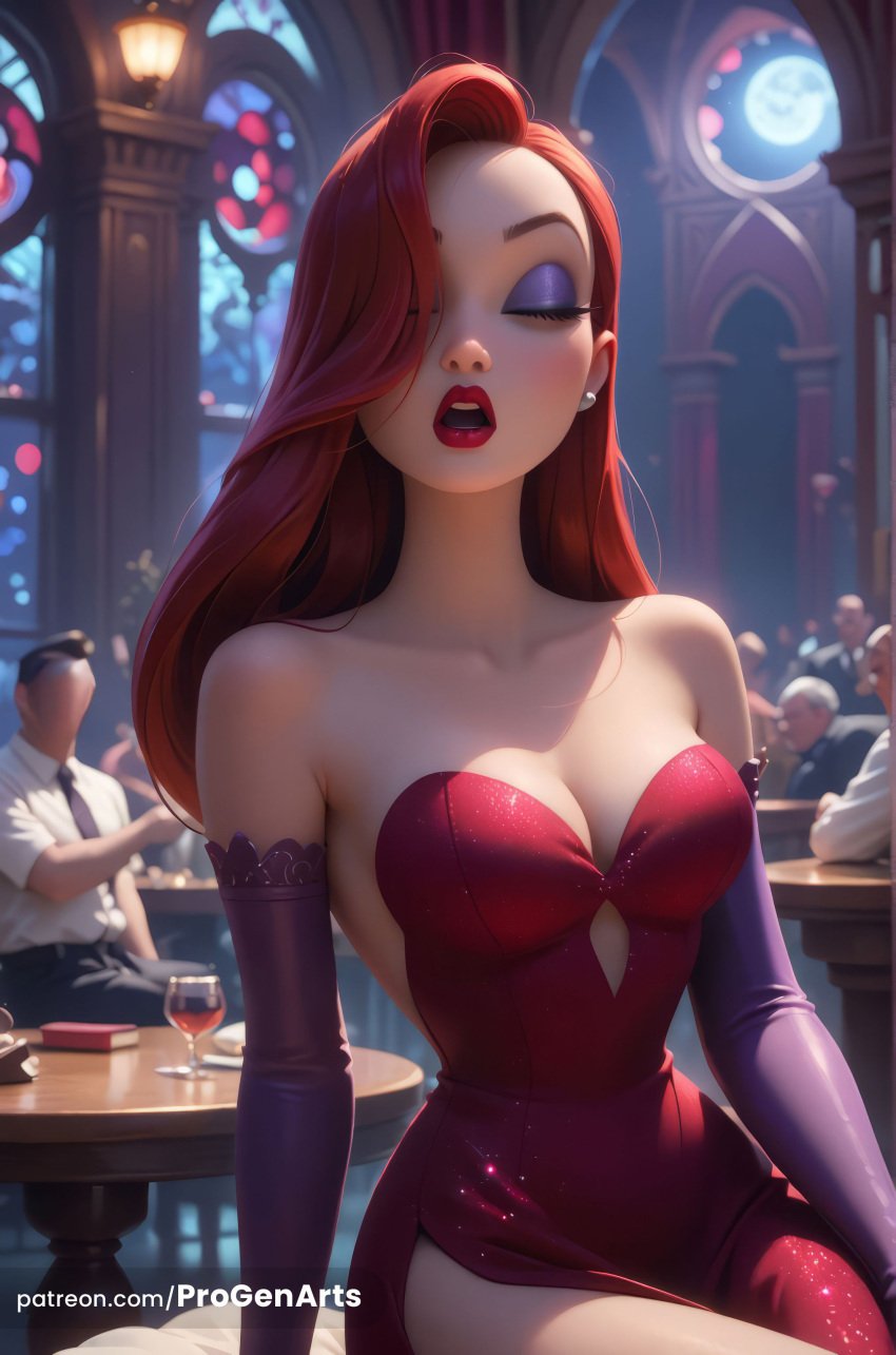 1girls ai_generated alcohol artist_name bare_shoulders breasts cleavage closed_eyes cocktail_dress collarbone cup dress drinking_glass earrings elbow_gloves eyeshadow faceless faceless_male gloves hair_over_one_eye hi_res indoors jessica_rabbit jewelry lipstick long_hair makeup medium_breasts moon multiple_boys necktie open_mouth patreon_username progenarts purple_gloves red_dress red_hair red_lips side_slit sitting solo_focus strapless strapless_dress table web_address who_framed_roger_rabbit wine wine_glass