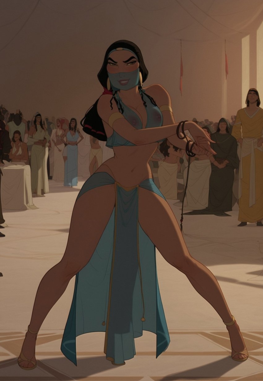 ai_generated arms belly_dancer belly_dancer_outfit big_breasts black_hair breasts dreamworks female female_only grusius hands legs lips lipstick long_hair looking_at_viewer nipples see-through see-through_clothing see-through_dress smile smiling teeth the_prince_of_egypt tzipporah