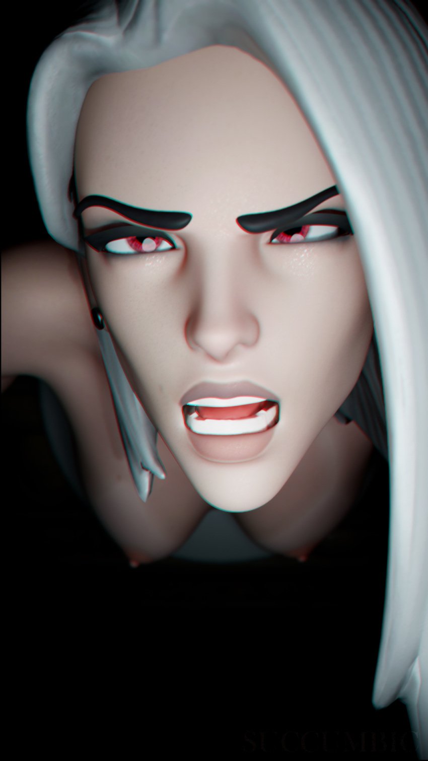 3d ahe_gao ashe_(overwatch) glory_wall immobile immobilization open_mouth overwatch overwatch_2 red_eyes small_breasts stuck stuck_in_wall succumbic white_hair