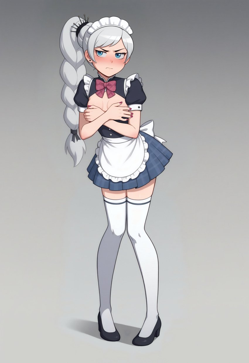 ai_generated angry blue_eyes covering_breasts embarrassed knees_together_feet_apart maid redbreadalt rwby small_breasts weiss_schnee white_hair