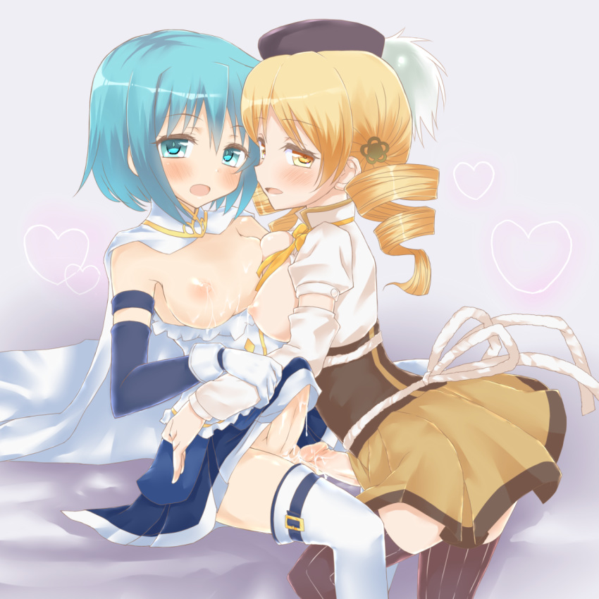 2futas arm_warmers armband beret blonde_hair blue_eyes blue_hair blush breasts cape corset drill_hair futa_on_futa futa_only futanari gloves hat highres intersex lactation magical_girl mahou_shoujo_madoka_magica miki_sayaka misfit_funny multiple_girls short_hair skirt thighhighs tomoe_mami twin_drills yellow_eyes zettai_ryouiki