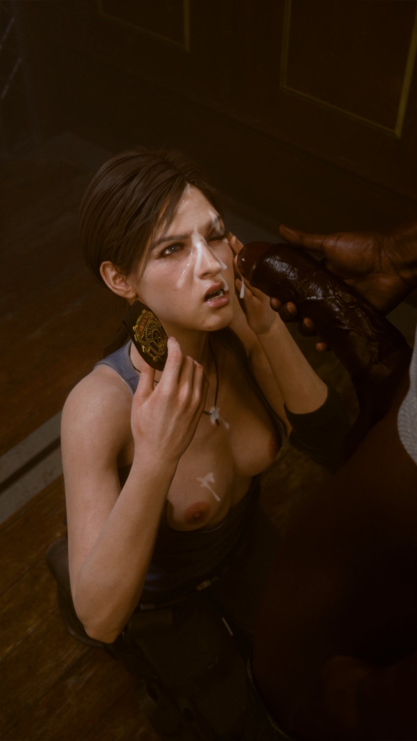 1boy 1girls 3d after_fellatio after_oral arcasad arrest biohazard blue_eyes breasts_out brown_hair capcom clothed_sex criminal cum cum_in_eye cum_on_breasts cum_on_face cumshot dark-skinned_male dark_skin female holster indoors interracial jeans jill_valentine jill_valentine_(sasha_zotova) kneeling light-skinned_female light_skin looking_at_partner male marvin_branagh partially_clothed partially_clothed_female police police_badge police_officer police_woman resident_evil resident_evil_2_remake resident_evil_3_remake self_upload straight unprofessional_behavior