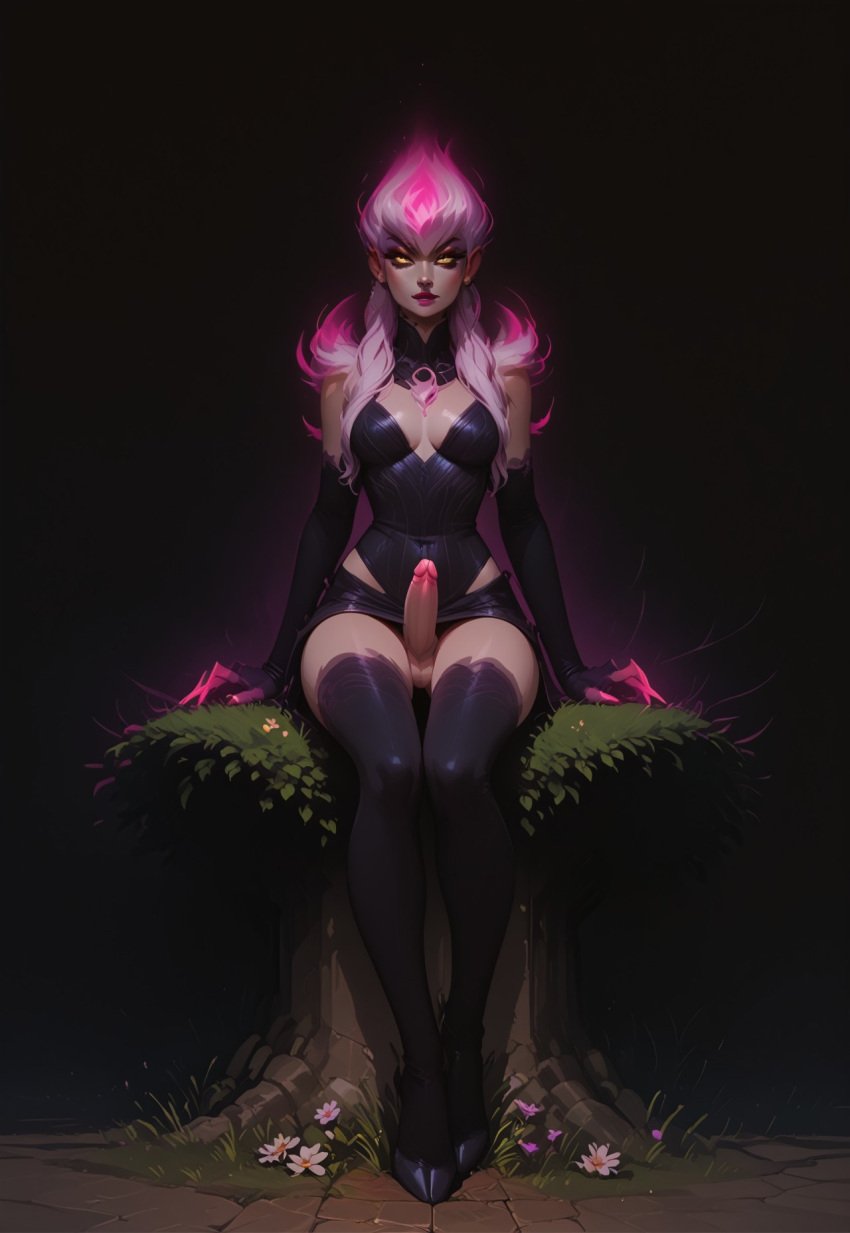 ai_generated black_background blindparty boob_window civitai cleavage evelynn futanari league_of_legends mostly_clothed_futa nudity penis solo solo_futa white_hair yellow_eyes