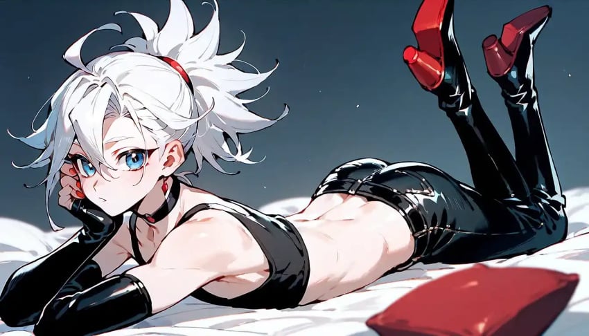 ai_generated arm_sleeves choker exposed_back femboy hair_tied_back hand_under_chin leather_pants looking_at_viewer lying_on_stomach male male_only mila_matsumoto oc original_character red_bottom_heels red_nails solo tanktop white_hair