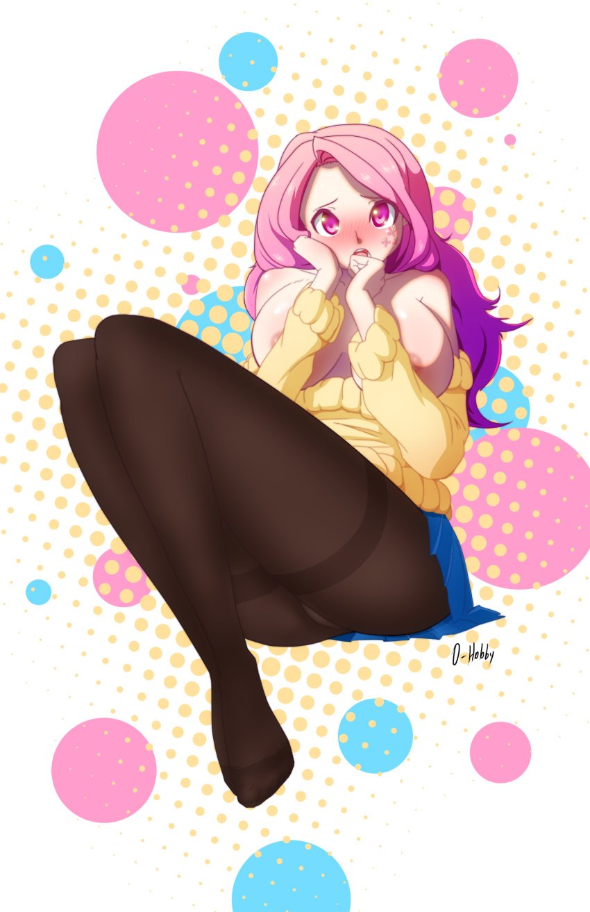 abstract_background bare_shoulders blush breasts embarrassed facial_mark female fluttershy_(mlp) friendship_is_magic hair_on_head highres human humanized large_breasts long_hair looking_at_viewer my_little_pony nipples open_mouth oppaihobby pantyhose personification pink_eyes pink_hair skirt solo sweater sweater_pull thighband_pantyhose