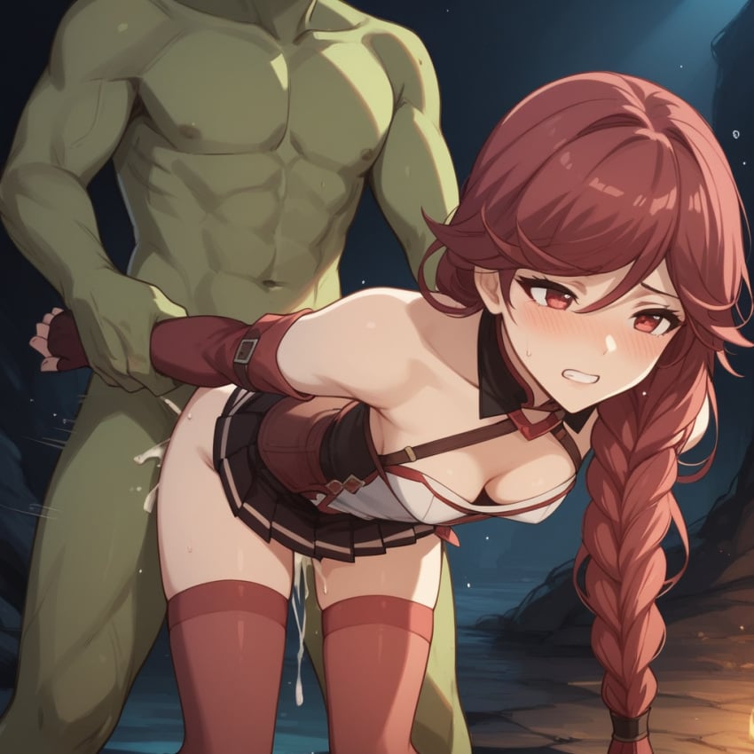 1boy 1boy1girl 1female ai_generated arm_grab arm_pull background bare_shoulders bent_over blush braid breasts cleavage clenched_teeth clothed clothed_sex clothing cum cum_inside cum_overflow doggy_style down_blouse hai_to_gensou_no_grimgar interracial orc orc_male rape red_eyes red_hair skirt small_breasts teeth thighhighs thighs yume_(grimgar)