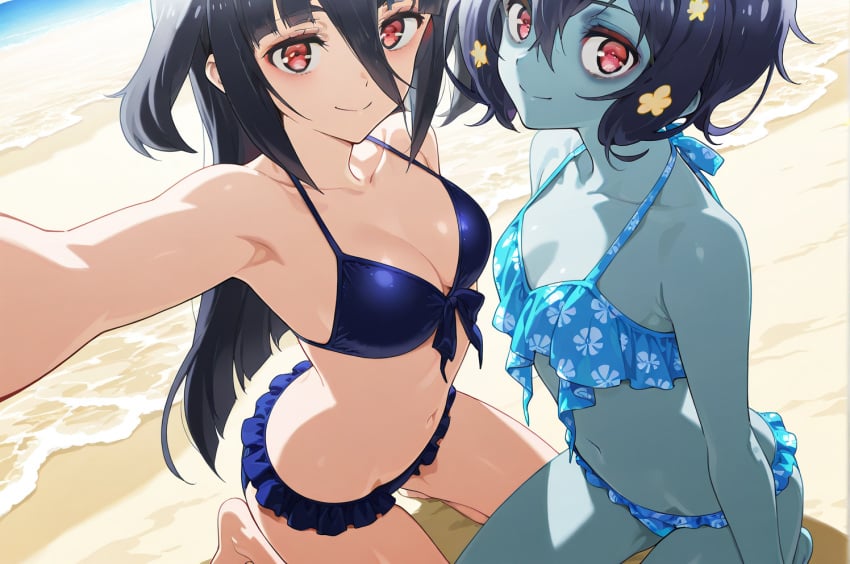 2girls ai_generated anime_style bangs bare_legs bare_shoulders barefoot beach bikini black_bikini black_hair blue_bikini breasts cleavage closed_mouth collarbone colored_skin day eyebrows_visible_through_hair flat_chest flower frilled_bikini frills hair_between_eyes hair_flower hair_ornament halterneck highres kneeling long_hair looking_at_viewer low_twintails medium_breasts mizuno_ai multiple_girls navel ocean outdoors pov reaching_out red_eyes ribbon sand self_shot selfie short_hair small_breasts smile stable_diffusion swimsuit twintails yamada_tae yellow_flower zombie_girl zombie_land_saga