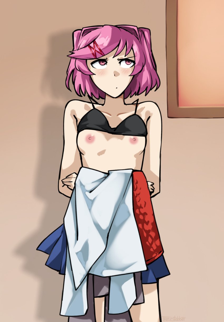 1female 1girls bare_shoulders black_bra blue_skirt blush bra bra_up breasts clothes clothing doki_doki_literature_club female_focus holding_clothes holding_clothing looking_away natsuki_(doki_doki_literature_club) nipples pink_eyes pink_hair skirt triplestabber