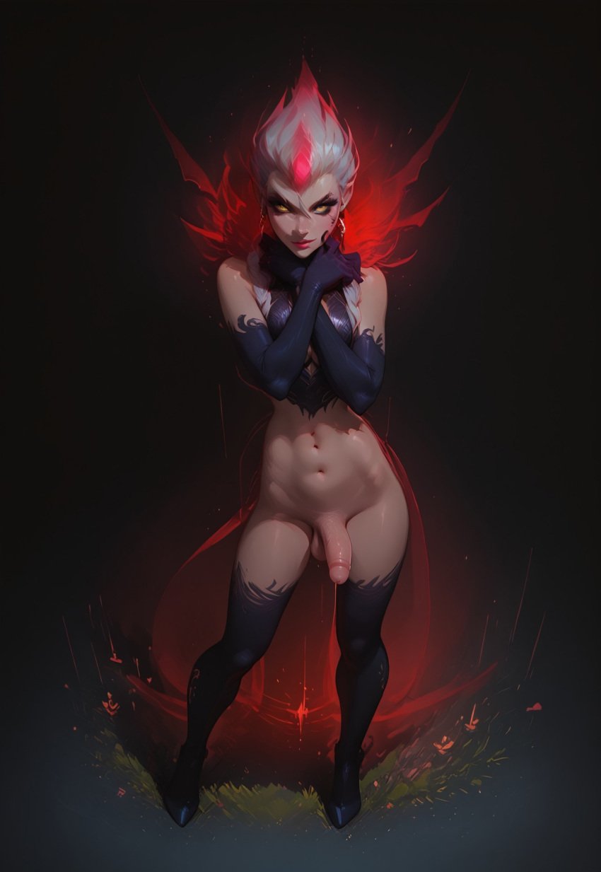 ai_generated blindparty boob_window civitai cleavage evelynn futanari gray_background league_of_legends mostly_clothed_futa nudity penis solo white_hair yellow_eyes