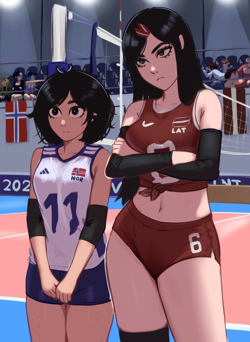 2girls black_eyes black_hair blue_clothing crossing_arms kadence_(veyonis) lesbian no_sex norway not_furry red_clothing safe_for_work size_difference taller_female taller_girl uniform veyonis volleyball volleyball_uniform vollyball yuna_(veyonis) yuri