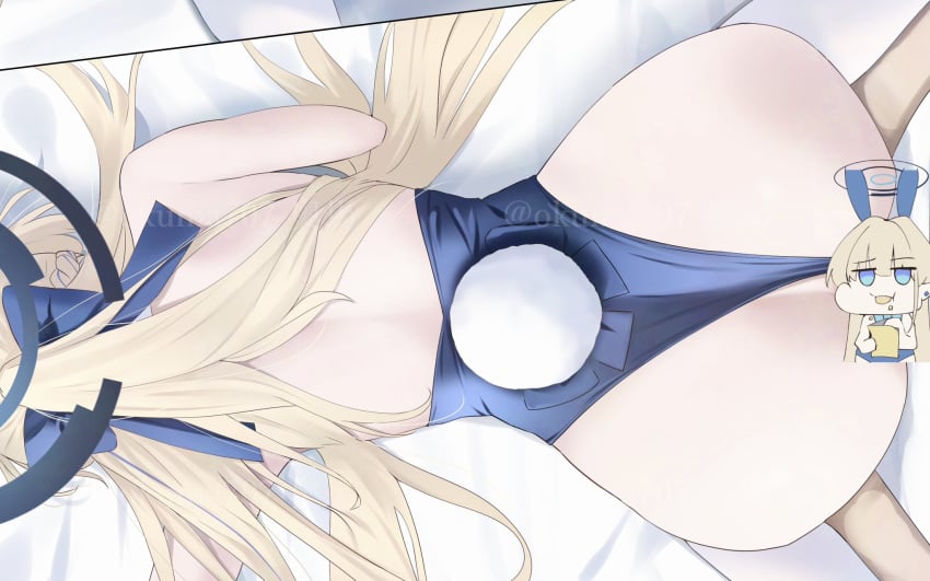 all_fours animal_ears artist_name ass blonde_hair blue_archive blue_bow blue_eyes blue_leotard bow censored chibi chibi_inset chips_(food) eating female food from_above hair_intakes hairbow halo highres jitome leotard long_hair okuma707 playboy_bunny rabbit_ears rabbit_tail solo tail toki_(blue_archive) toki_(bunny)_(blue_archive)