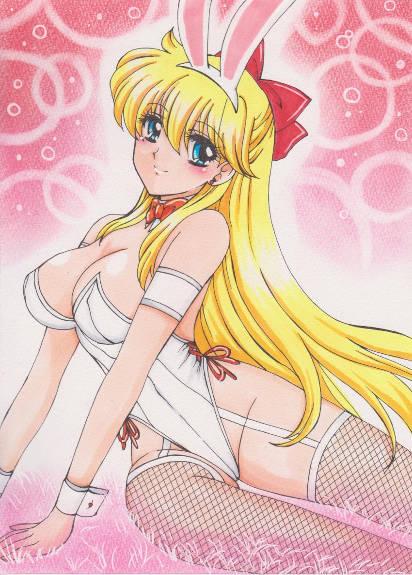 1girls absurdres aino_minako alluring animal_ears armband bad_id bad_pixiv_id bishoujo_senshi_sailor_moon blonde_hair blue_eyes blush bow bowtie breasts bubble bustier cuffs earrings fake_animal_ears female_focus fishnet_thighhighs fishnets garter_straps hair_ribbon highres jewelry large_breasts leotard long_hair looking_at_viewer minako_aino playboy_bunny rabbit_ears rascal_(n119) red_bow ribbon smile solo thighhighs traditional_media very_long_hair wrist_cuffs