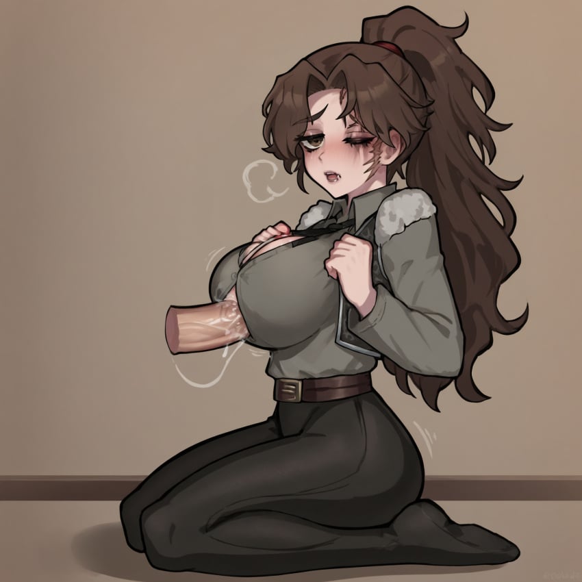 1boy 1girls ai_generated alternate_breast_size anonymous_male belt black_pants black_shoes black_vest brown_eyes brown_hair cleavage clothed_female clothed_paizuri clothed_sex clothed_titfuck disembodied_penis duo excessive_precum feet genderswap_(mtf) gray_shirt highres identity_v idv large_ass large_breasts long_hair matthias_czernin one_eye_closed osmondai paizuri paizuri_under_clothes ponytail precum rule_63 scar scar_across_eye scar_on_face shoes simple_background stable_diffusion straight straight thick_thighs titfuck_under_clothes titjob vest