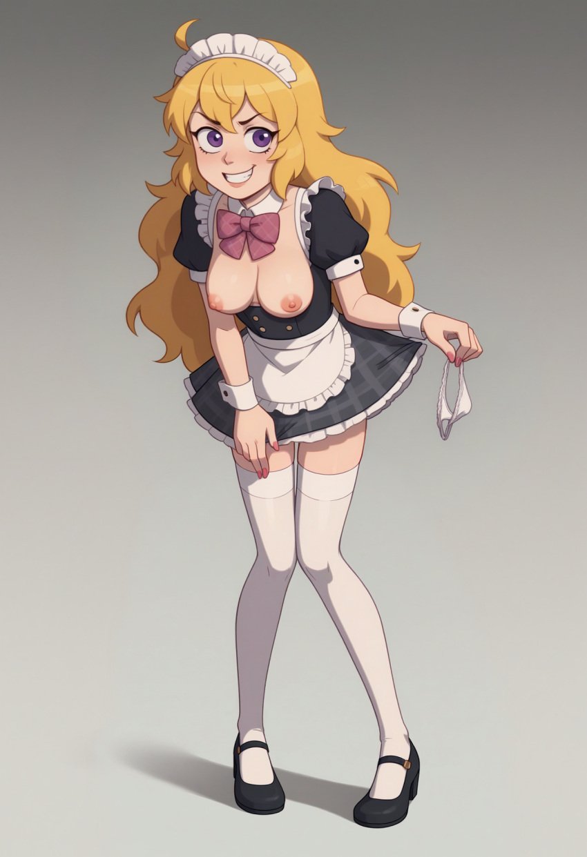 ahoge ai_generated holding_panties knees_together_feet_apart large_breasts maid nipples panties purple_eyes redbreadalt rwby smile yang_xiao_long yellow_hair