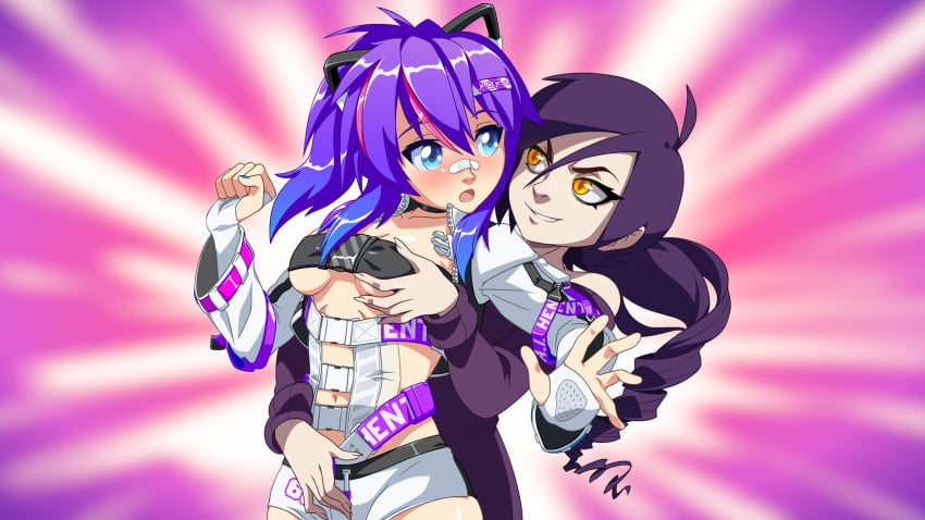 2girls blue_eyes breast_grab crotch_rub female melody_(projektmelody) patreon projektmelody purple_hair smile surprised trait_connection virtual_youtuber vshojo vtuber zone zone-tan