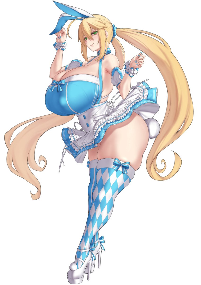 1girls ahoge anal_tail animal_ears argyle_clothes argyle_legwear artoria_caster_(fate) artoria_caster_(swimsuit)_(fate) artoria_pendragon_(fate) artoria_pendragon_(lancer)_(fate) ass aster_crowley bare_shoulders big_breasts blonde_hair blue_dress blue_thighhighs blush breasts bunny_ears cleavage cosplay dress fake_animal_ears fake_tail fate/grand_order fate_(series) full_body green_eyes hairband high_heels high_resolution highres huge_breasts long_hair looking_at_viewer no_panties paid_reward puffy_short_sleeves puffy_sleeves rabbit_ears rabbit_tail short_sleeves skirt smile striped_clothes striped_thighhighs tagme tail thick_thighs thighhighs thighs twintails very_high_resolution white_skirt