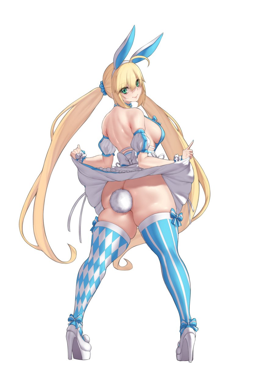 1girls ahoge anal_tail animal_ears argyle_clothes argyle_legwear artoria_caster_(fate) artoria_caster_(swimsuit)_(fate) artoria_pendragon artoria_pendragon_(caster) ass aster_crowley bare_shoulders blonde_hair blue_dress blue_thighhighs blush breasts bunny_ears cleavage cosplay dress fake_animal_ears fake_tail fate/grand_order fate_(series) full_body green_eyes hairband high_heels high_resolution highres huge_breasts long_hair looking_at_viewer looking_back medium_breasts no_panties paid_reward puffy_short_sleeves puffy_sleeves rabbit_ears rabbit_tail ready_for_sex short_sleeves skirt small_breasts smile striped_clothes striped_thighhighs tagme tail tail_plug thick_thighs thighhighs thighs twintails very_high_resolution white_shirt