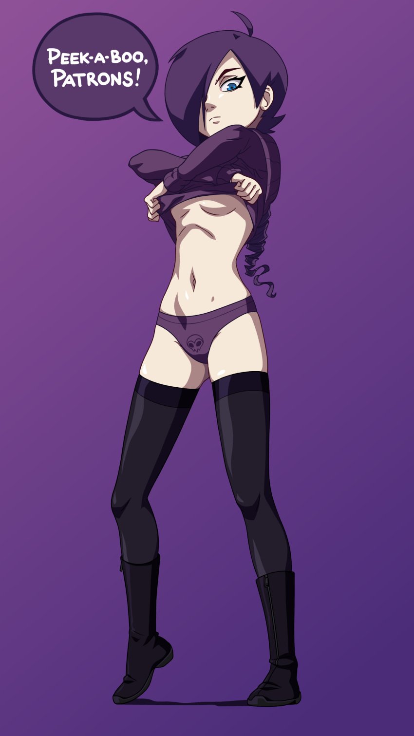 1girls blue_eyes female patreon purple_hair stockings zone zone-tan