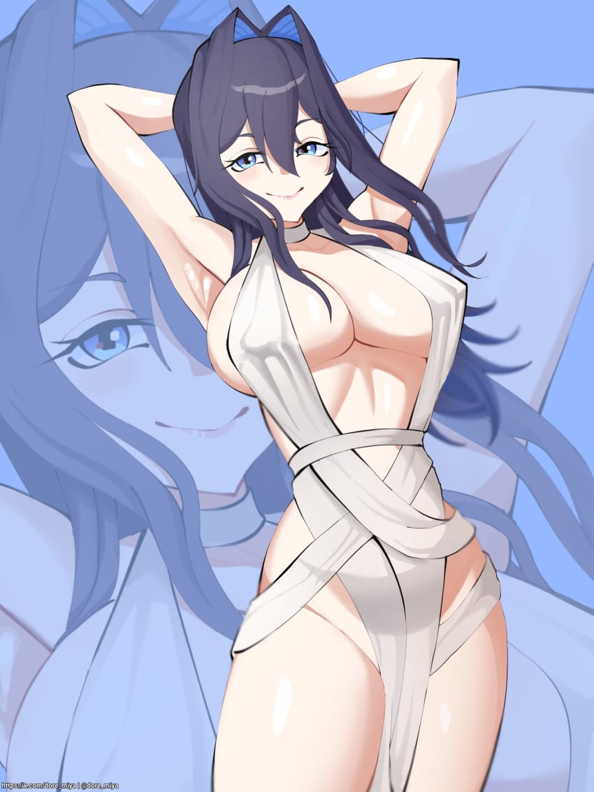 1girls armpits black_hair blue_eyes clothed clothing doremiya dress female female_only hololive hololive_english hololive_english_-promise- light-skinned_female light_skin nipple_bulge no_bra ouro_kronii revealing_clothes skimpy_clothes solo virtual_youtuber