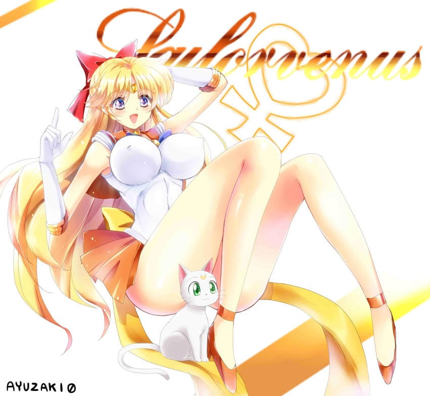 1girls aino_minako alluring artemis_(sailor_moon) ayuzaki0 bishoujo_senshi_sailor_moon blonde_hair blue_eyes bow character_name covered_erect_nipples feline gloves green_eyes highres large_breasts long_hair magical_girl minako_aino miniskirt red_bow sailor_venus skirt thighs very_long_hair white_background white_cat