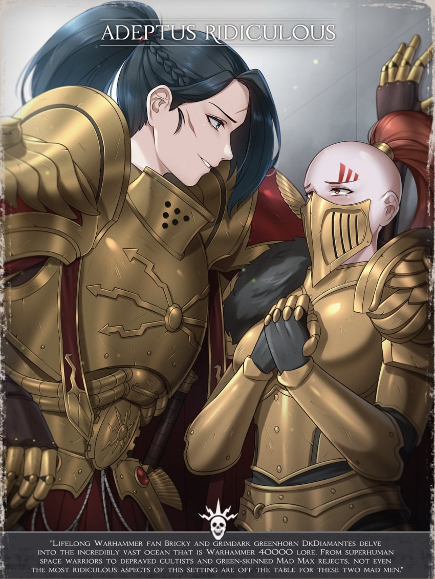 2females 2girls adeptus_custodes adeptus_ridiculus armor armored_female black_hair english_text female female_only imperium_of_man poster power_armor red_hair scar scars sisters_of_silence tagme text warhammer_(franchise) warhammer_40k yuri