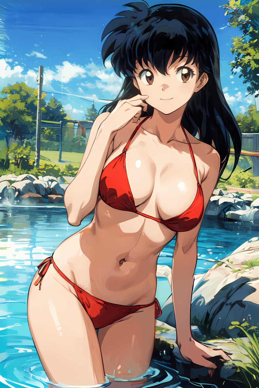 1girls ai_generated bikini black_hair brown_eyes curvy curvy_figure female female_only inuyasha kagome_higurashi long_hair looking_at_viewer medium_breasts nature onsen red_bikini self_upload smile solo stable_diffusion tagme