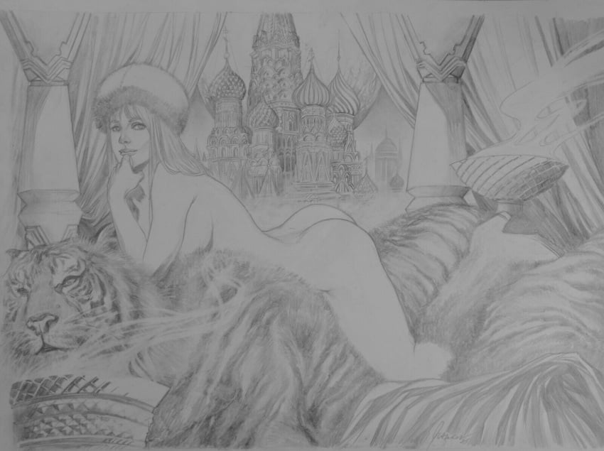 ass black_and_white emma_frost female francis_(artist) hellfire_club marvel marvel_comics nude nude_female palace pinup tiger white_queen x-men