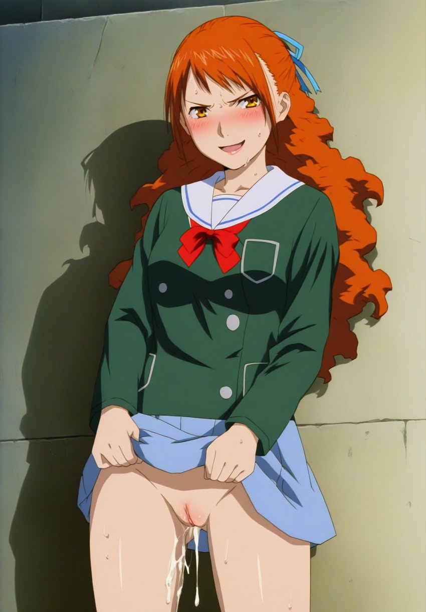 ai_generated cum_drip mezzo_forte momomi_momoi orange_hair pussy retro_ai_ecchi_dude skirt_lift