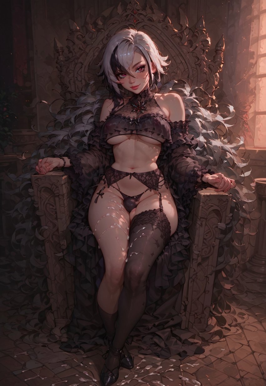 ai_generated arlecchino_(genshin_impact) black_hair blindparty civitai cum_on_body futanari genshin_impact lingerie multicolored_hair nudity partially_clothed_futanari penis sitting_on_throne solo throne white_hair x_pupils