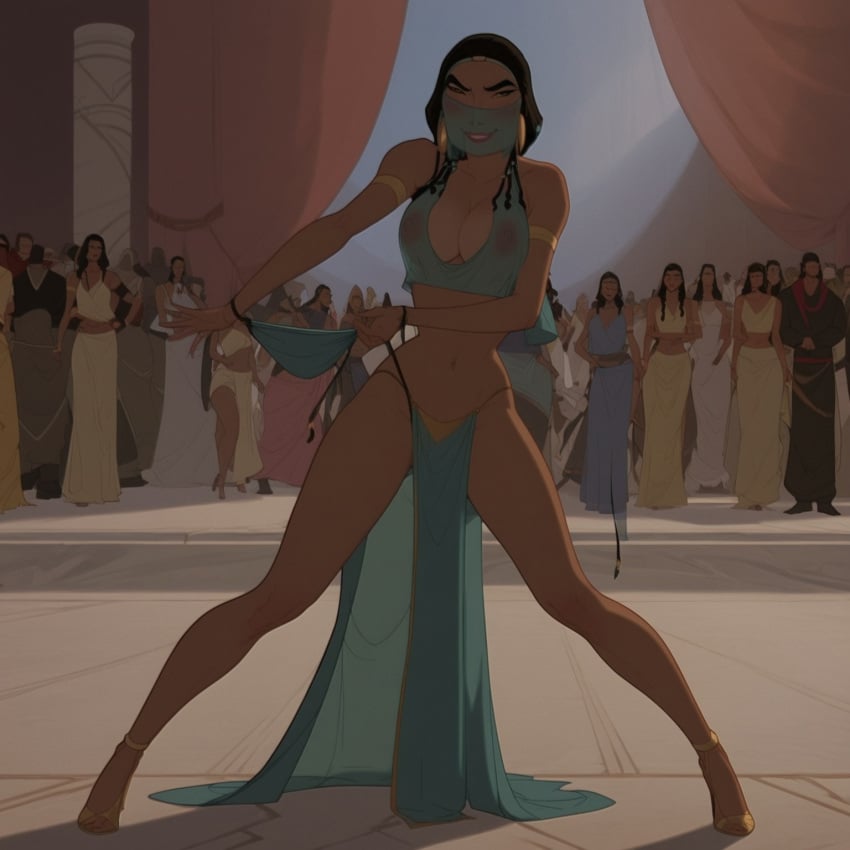 ai_generated arms belly_dancer belly_dancer_outfit big_breasts black_hair breasts dreamworks female female_only grusius hands legs lips lipstick long_hair looking_at_viewer nipples see-through see-through_clothing see-through_dress smile smiling teeth the_prince_of_egypt tzipporah