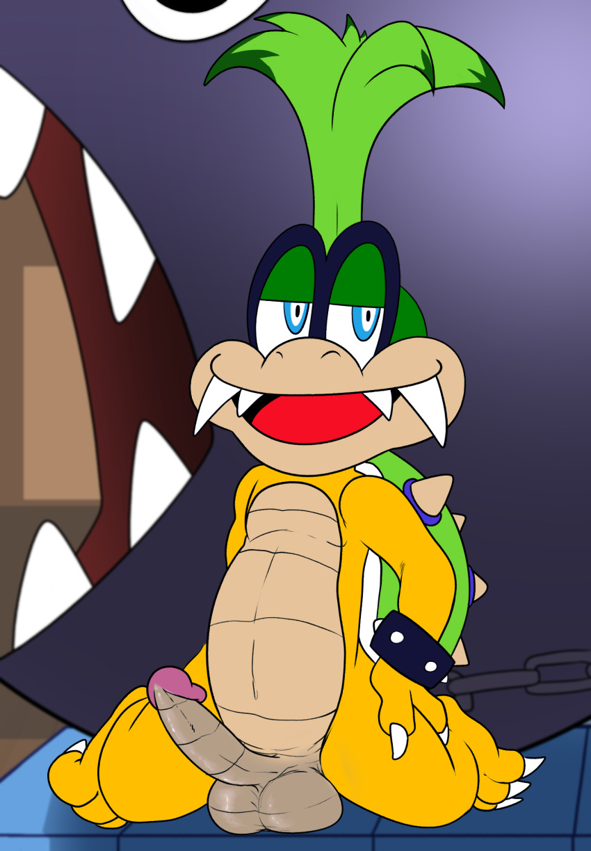 2014 ambiguous_gender anthro balls barefoot chain_chomp chubby claws erection feral hair half-closed_eyes happy hi_res iggy_koopa jerseydevil koopa koopaling koopalings long_hair male male_only mario_(series) navel nintendo nude on_floor open_mouth penis scalie sharp_claws sharp_teeth shell sitting size_difference smile solo_focus spikes spread_legs spreading super_mario_bros. super_mario_bros._(nes) teeth toe_claws tongue