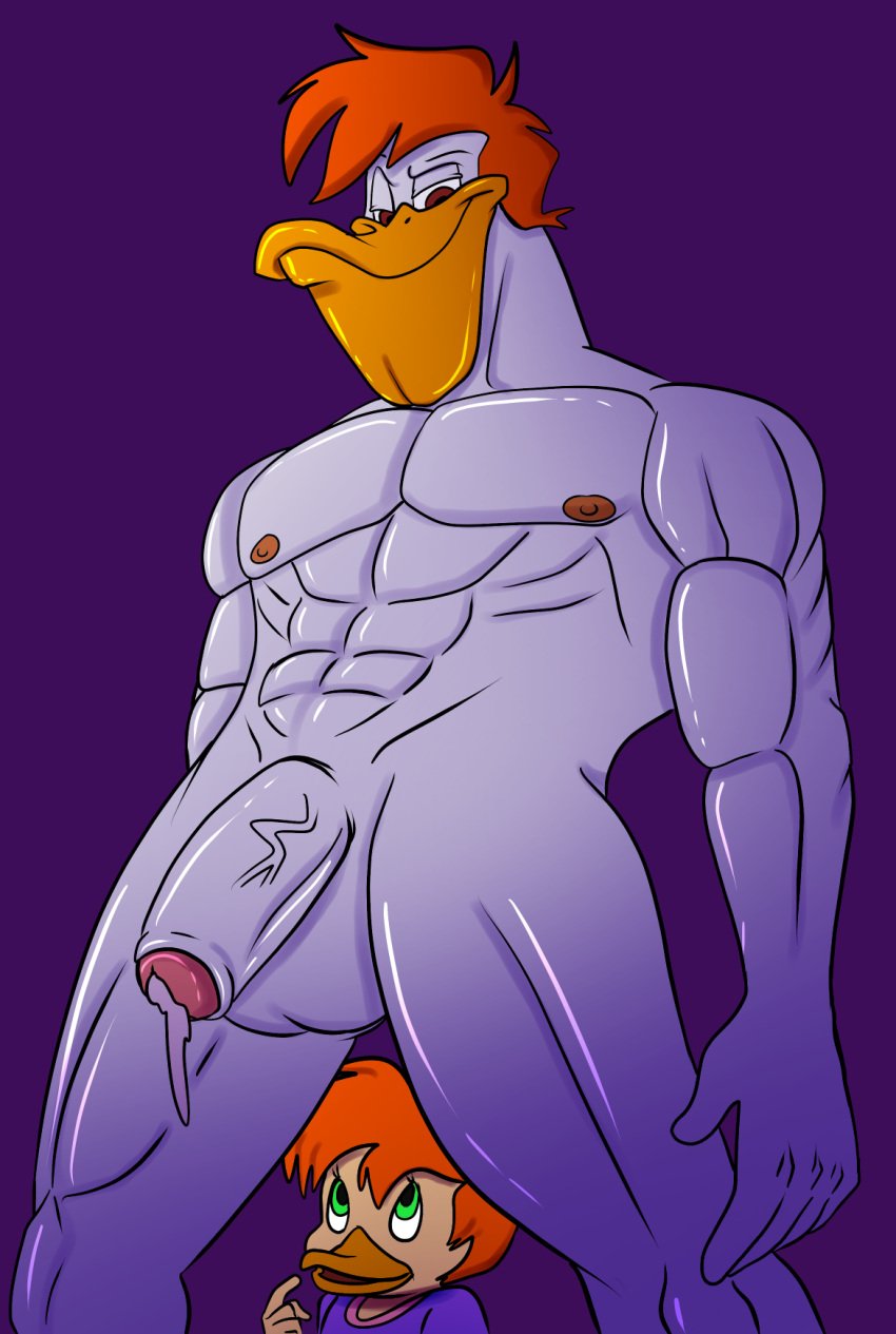 1boy 1girls anthro avian balls bird darkwing_duck disney duck ducktales duo gosalyn gosalyn_mallard hi_res humanoid_penis jaykasai launchpad_mcquack male male_focus muscular muscular_male nude penis precum solo_focus testicles uncut vein veiny_penis