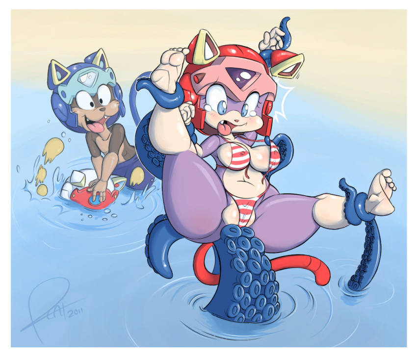 1girls 2011 anthro barefoot bikini blush breasts curvaceous domestic_cat feline female fur furry guido_anchovy headgear helmet kemono male mammal open_mouth pink_fur pizzacat plump_labia polly_esther samurai_pizza_cats soles speedy_cerviche spread_legs spreading swimsuit tail tears tentacle water