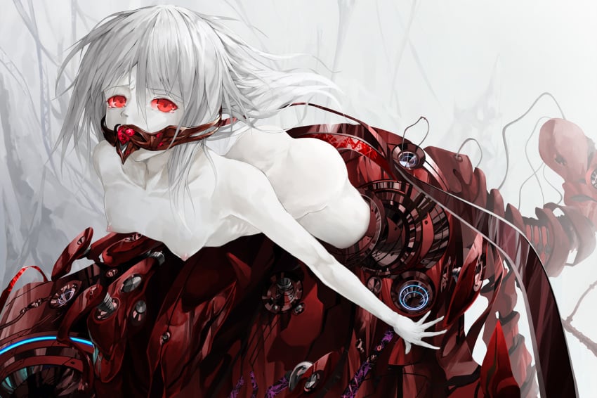 albino female highres long_hair nipples nude original red_eyes revision small_breasts solo solru white_hair