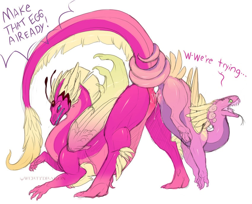 anus ass coatl_dragon dialog dragon female flight_rising furry pink_scales pussy pussy_juice qwertydragon sex size_difference skydancer_dragon tail text yuri