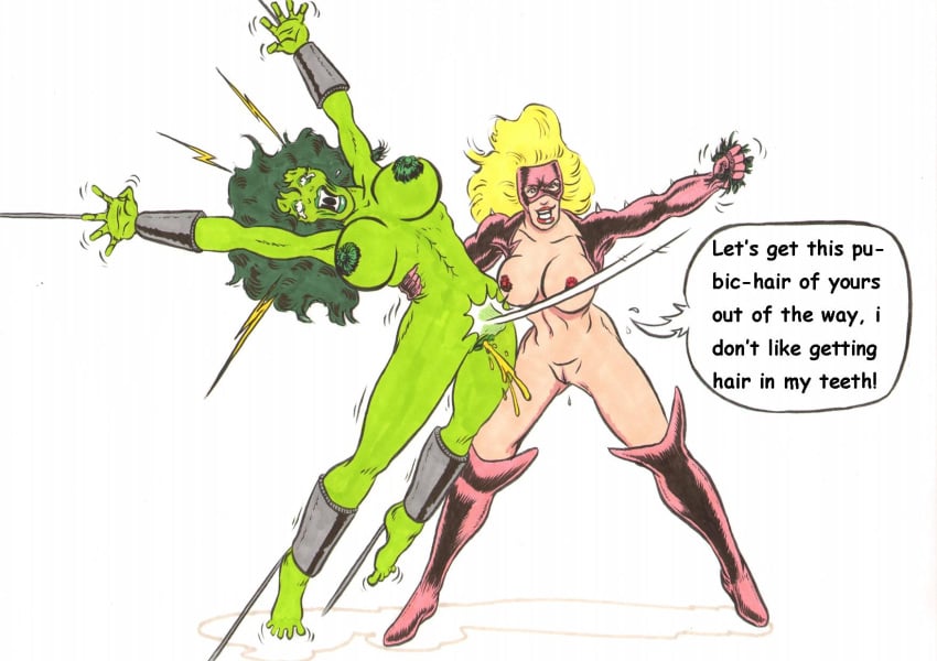 2girls ben1804 big_breasts blonde_hair bondage boots breasts color drawn female female_only femdom green-skinned_female green_hair green_skin hulk_(series) knee_boots lezdom light-skinned_female marvel marvel_comics multiple_girls naked_female nipples painful peeing piss pissing pussy rape restrained ripping_pubic_hair she-hulk tears titania_(marvel) urination urine watersports yuri